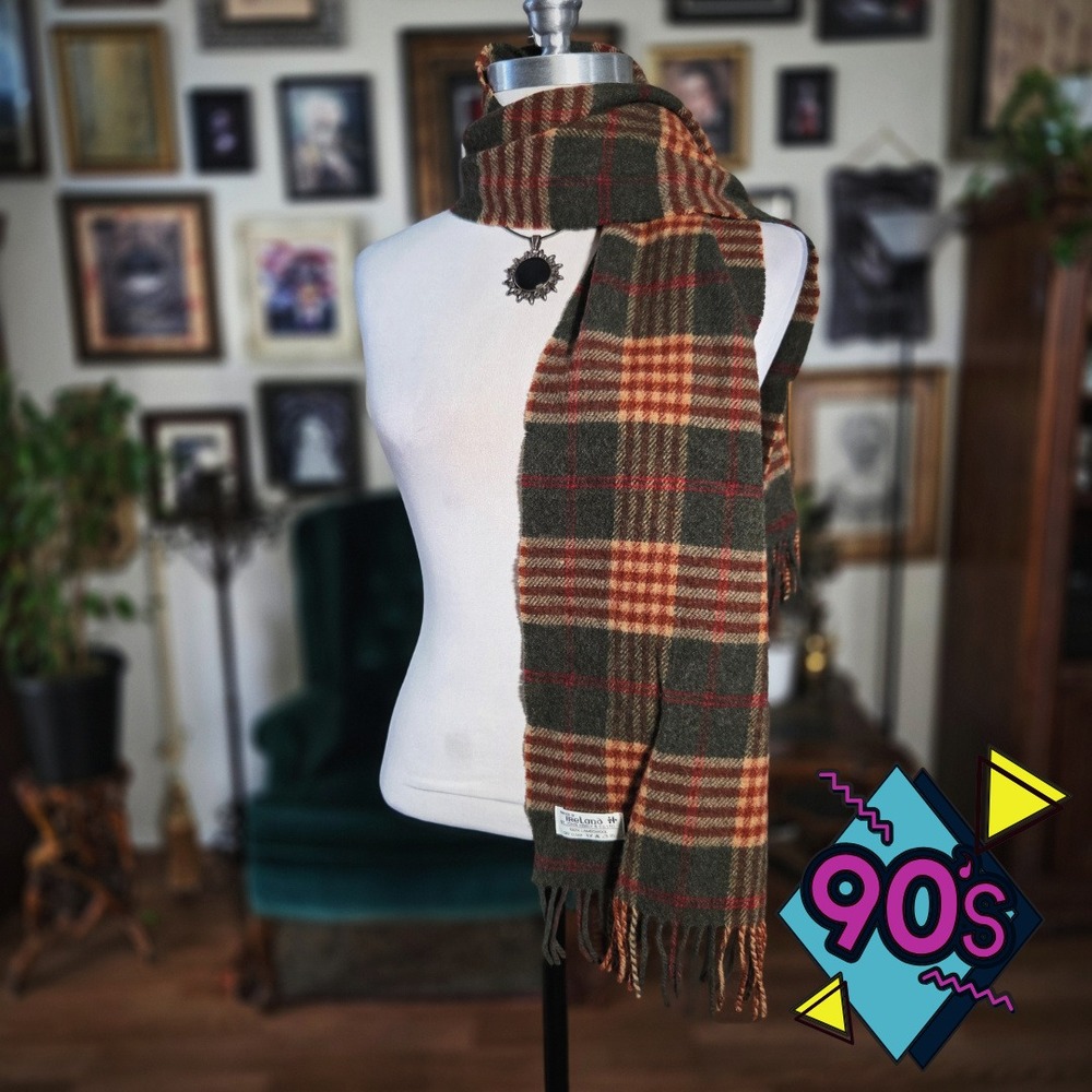 John Hanly & Co Scarf Ireland Lambswool‎ Vintage 90s Green Plaid Tartan Wrap